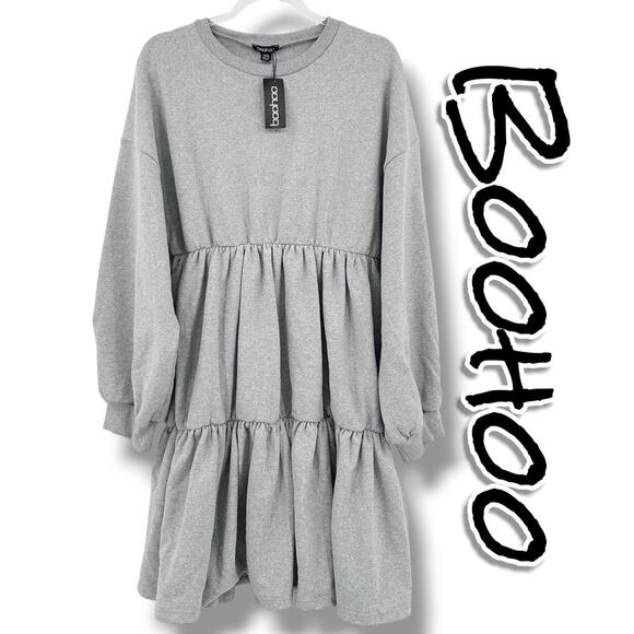 Boohoo Dresses & Skirts - New Boohoo Plus Tiered Dress Grey Long Sleeve Sweatshirt Tiered Skirt Womens 16